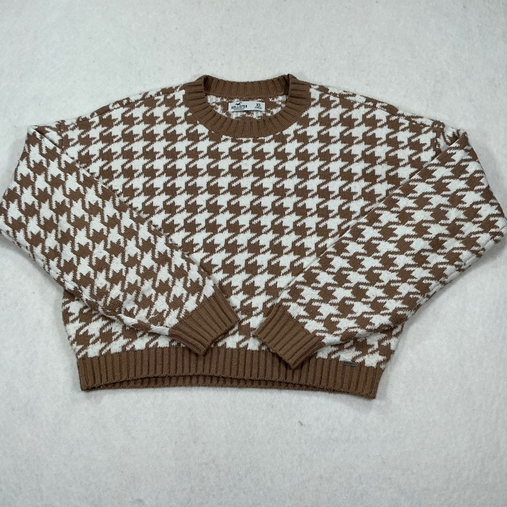 Hollister Womens Brown Houndstooth Crew Neck Sweater Size XS Relaxed Knit Top